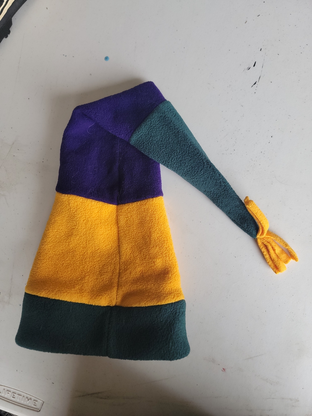 Colorblock Cherry Tree Fleece Elf Hat in Purple, Teal & Gold